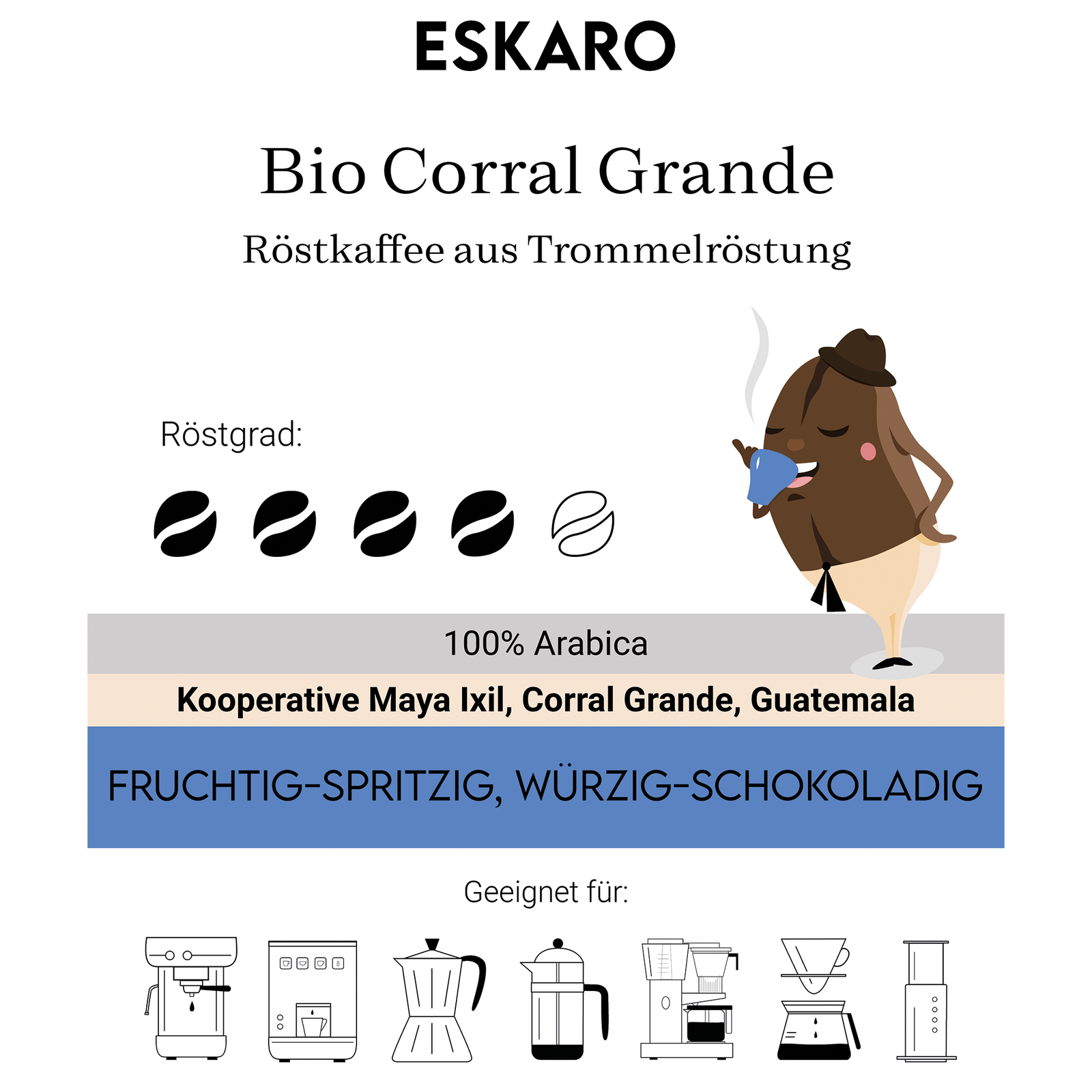 A 500g bag of Bio-Corral Grande eco-friendly product from Eskaro, featuring a brown and black design with product labeling.