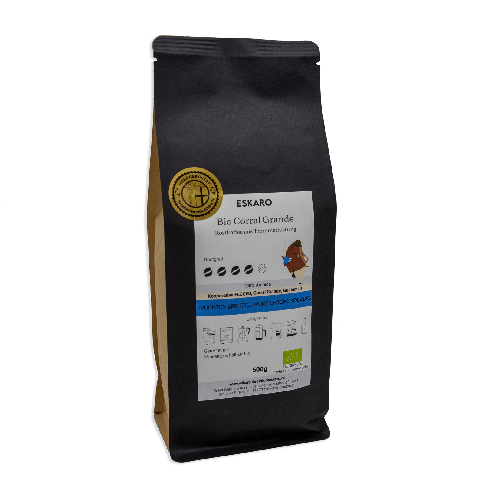 A 500g bag of Bio-Corral Grande eco-friendly product from Eskaro, featuring a brown and black design with product labeling.