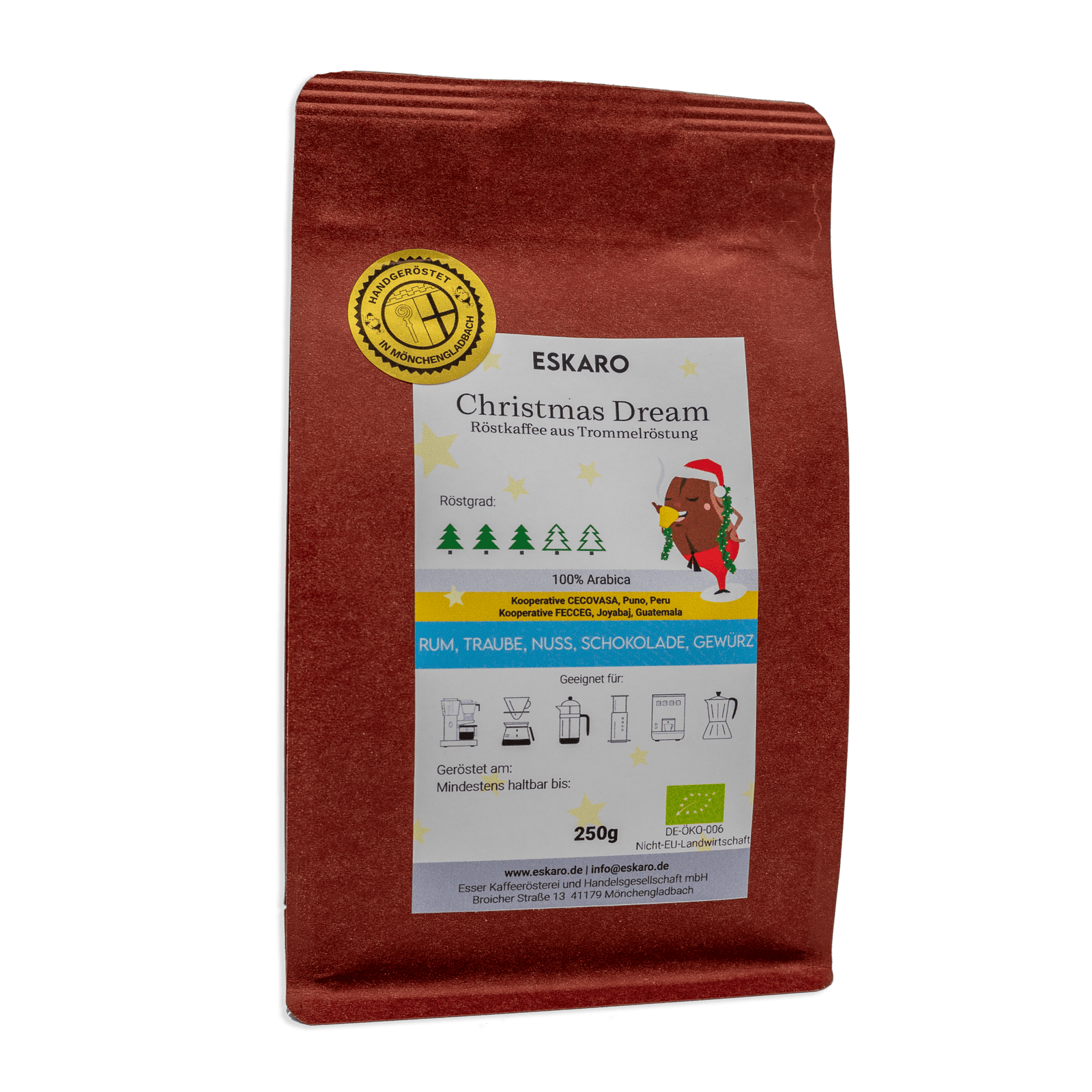 Red package of 'Christmas Dream' product from Eskaro, featuring holiday-themed design and details.