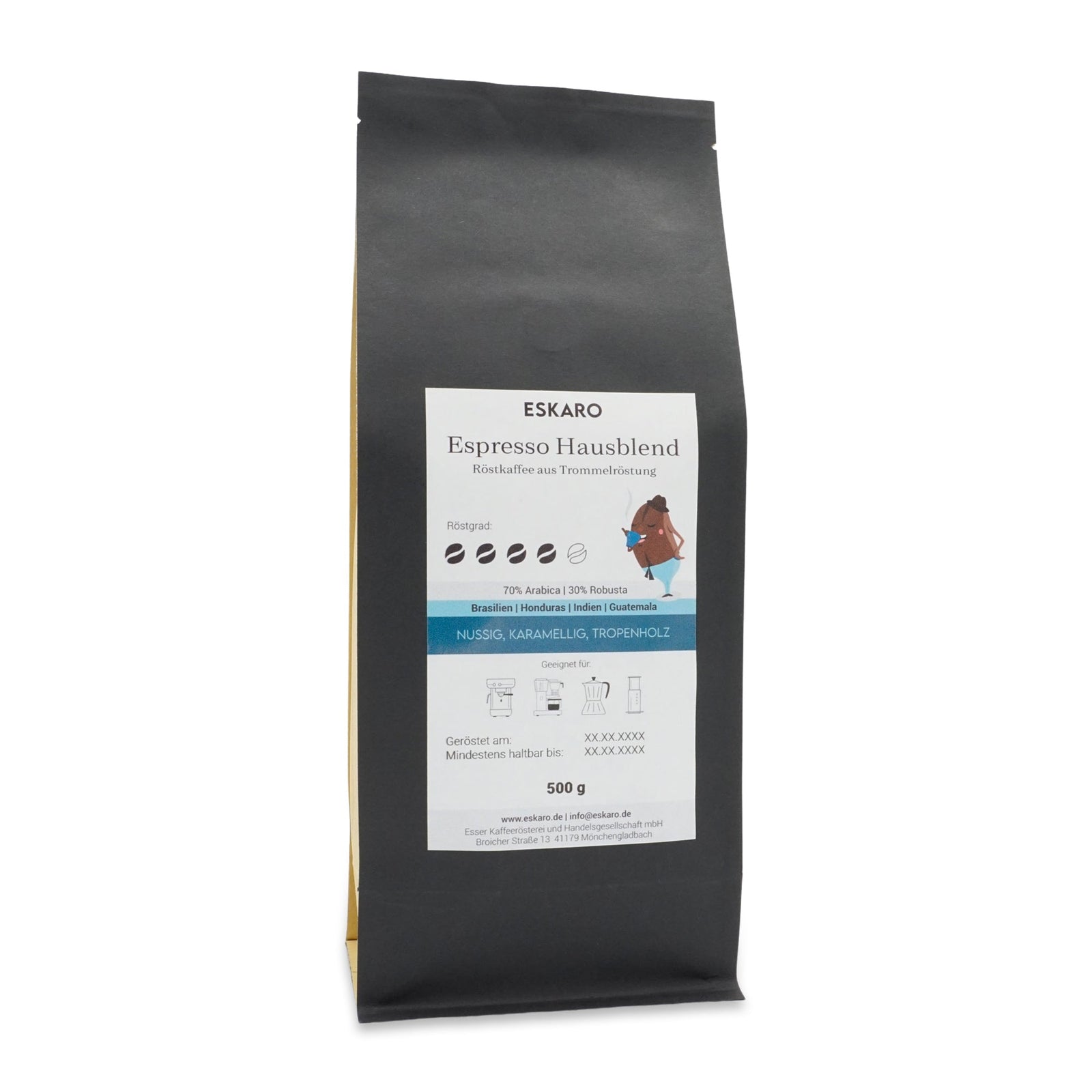 Black coffee bag labeled 'Espresso Hausblend' with brewing information