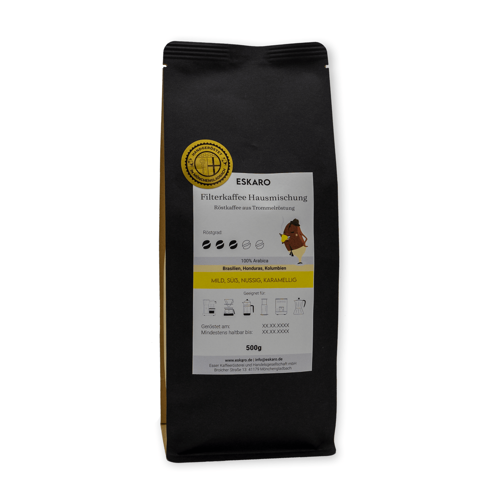 Black coffee packaging from Eskaro, featuring a logo and product details.