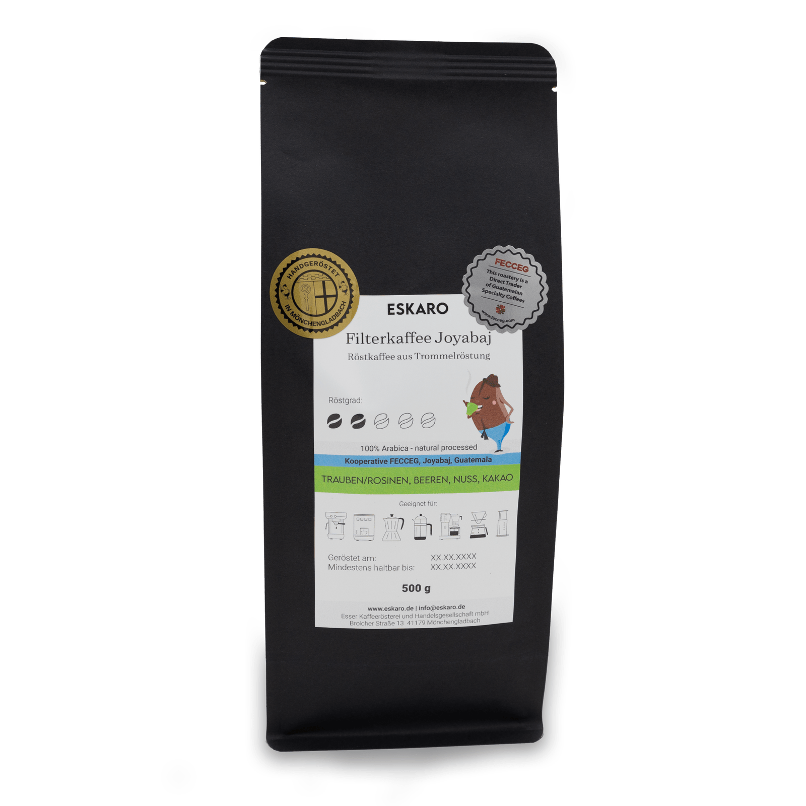 Black coffee bag with label detailing product information and certifications.