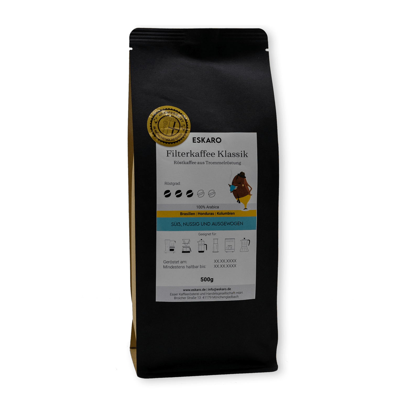 Black coffee bag with a label describing the product and nutritional information.