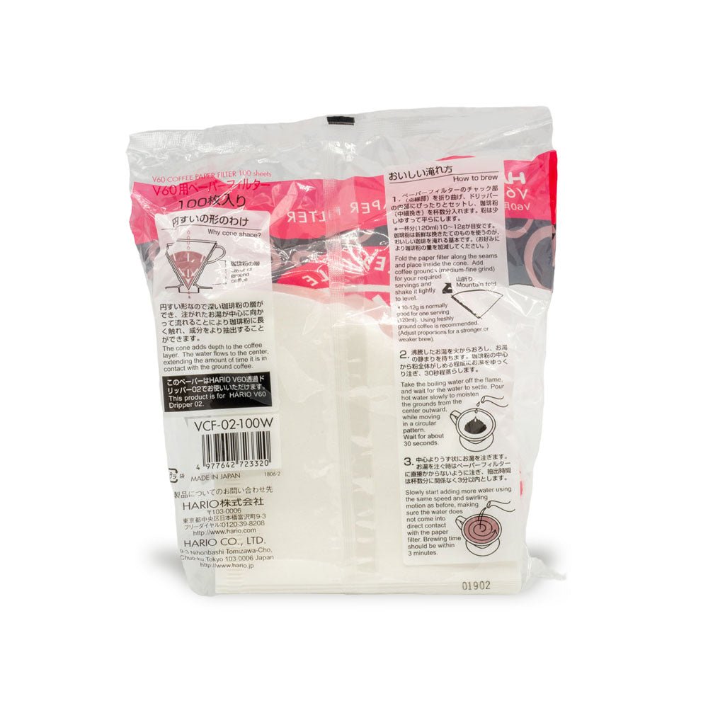 Package of Hario V60 coffee paper filters, containing 100 filters, labeled size 02 with a flexible design.