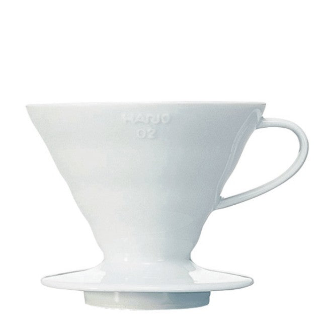 White ceramic coffee dripper on a saucer.