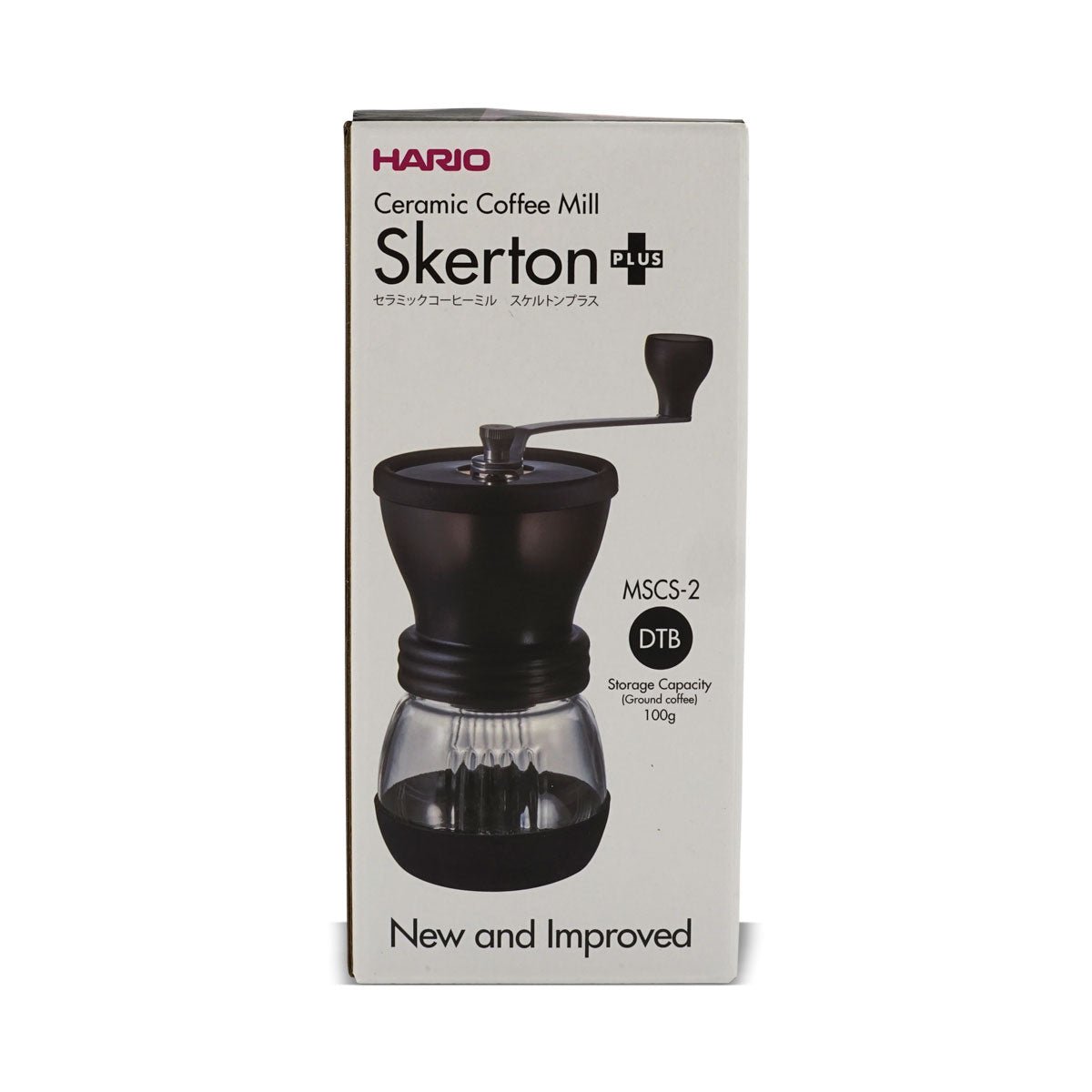 Packaging of HARIO Skerton Plus Ceramic Coffee Mill with a handle for grinding coffee.