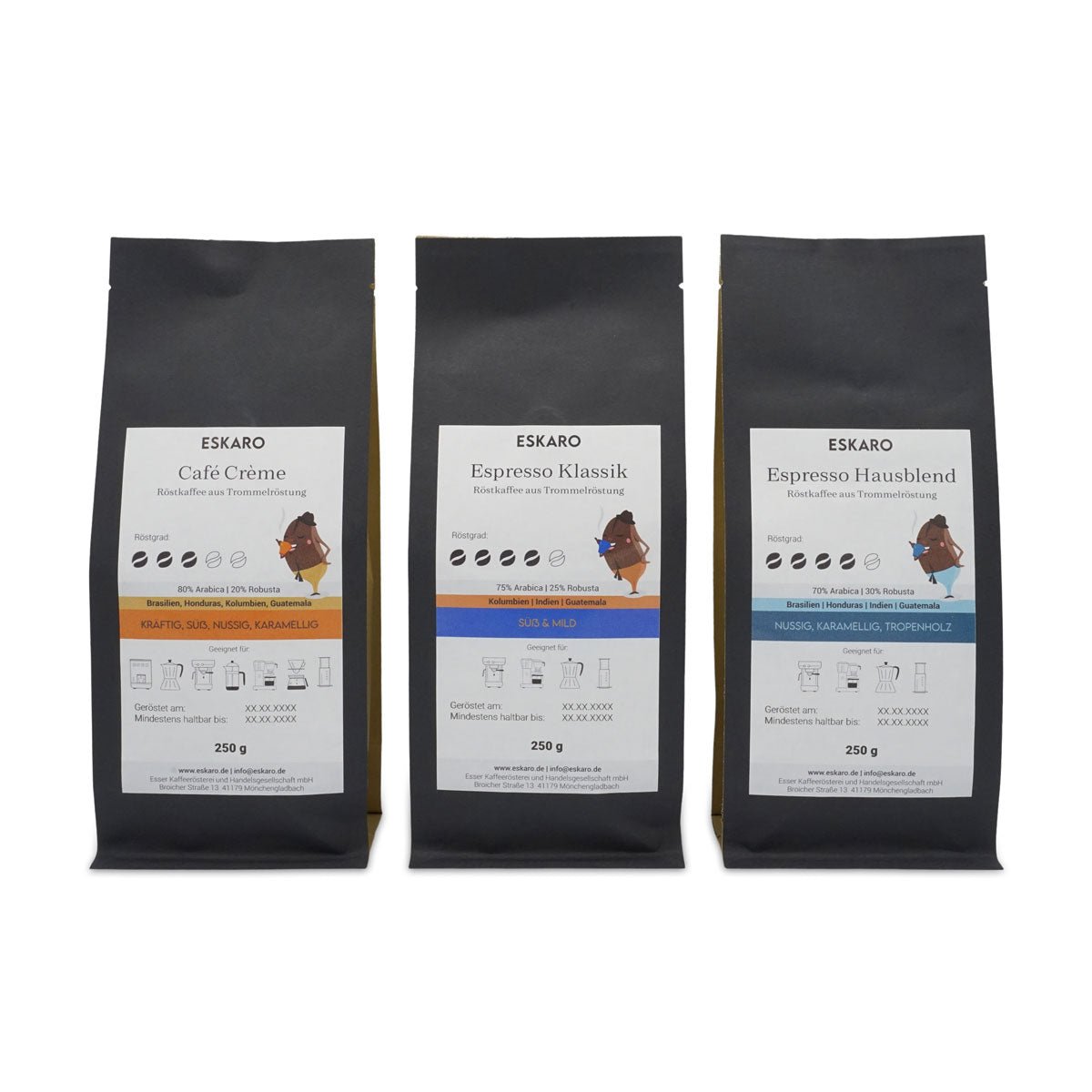Three bags of coffee from Eskaro, labeled as Caffè Crema, Espresso Klassik, and Espresso Blended.