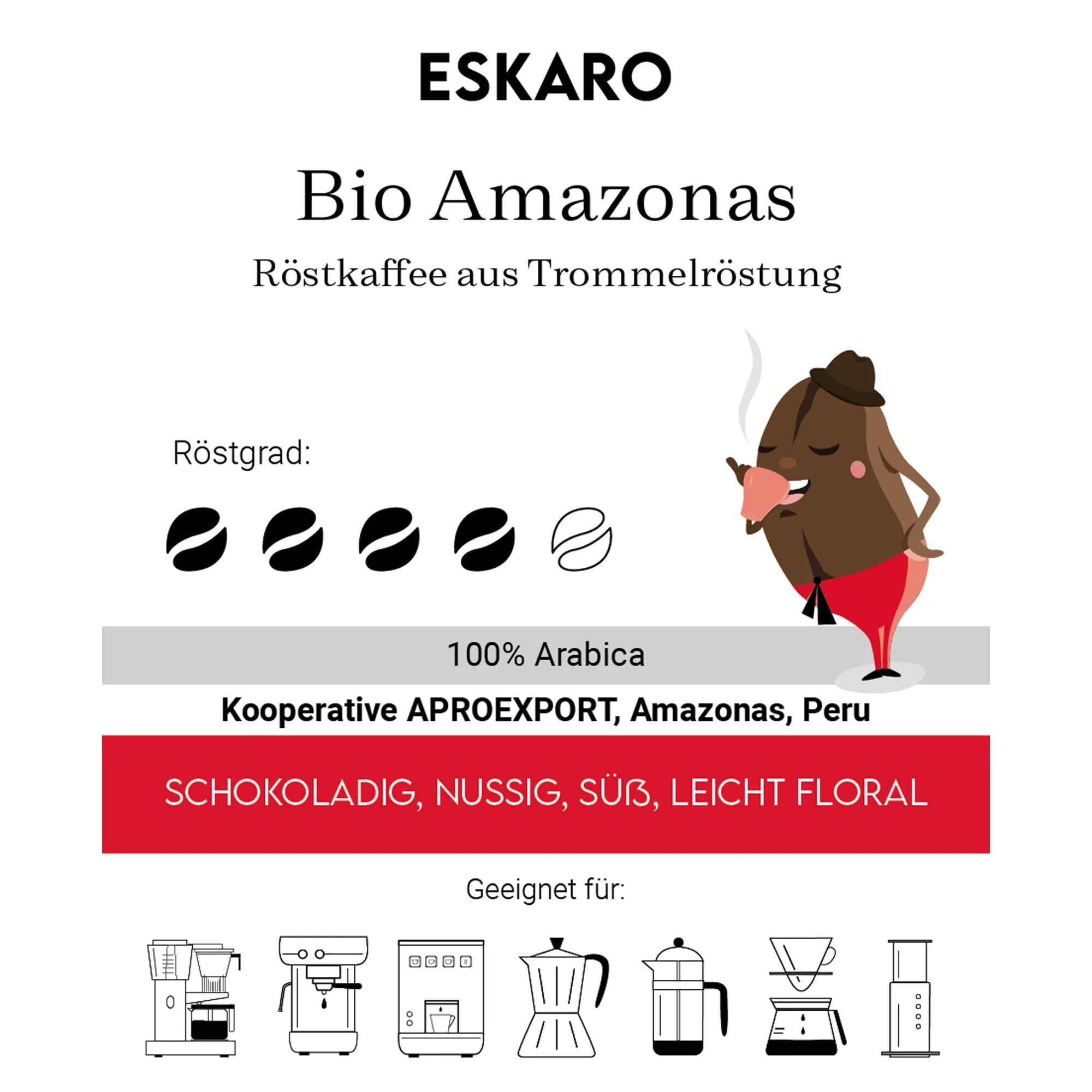 Label for Bio Amazonas coffee by Eskaro, featuring roast degree, origin, and flavor notes.