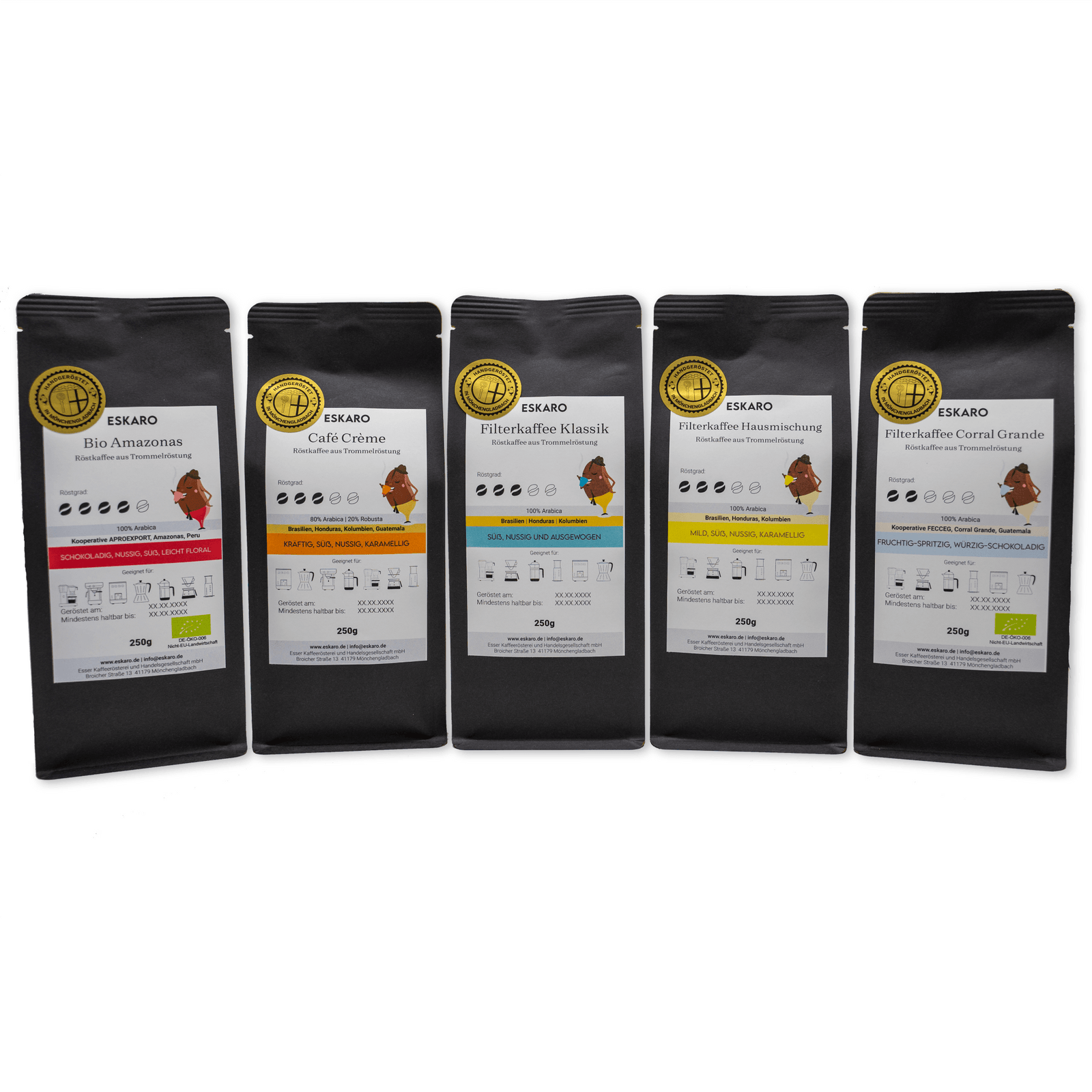 Five bags of assorted coffee blends with distinct labels and designs.